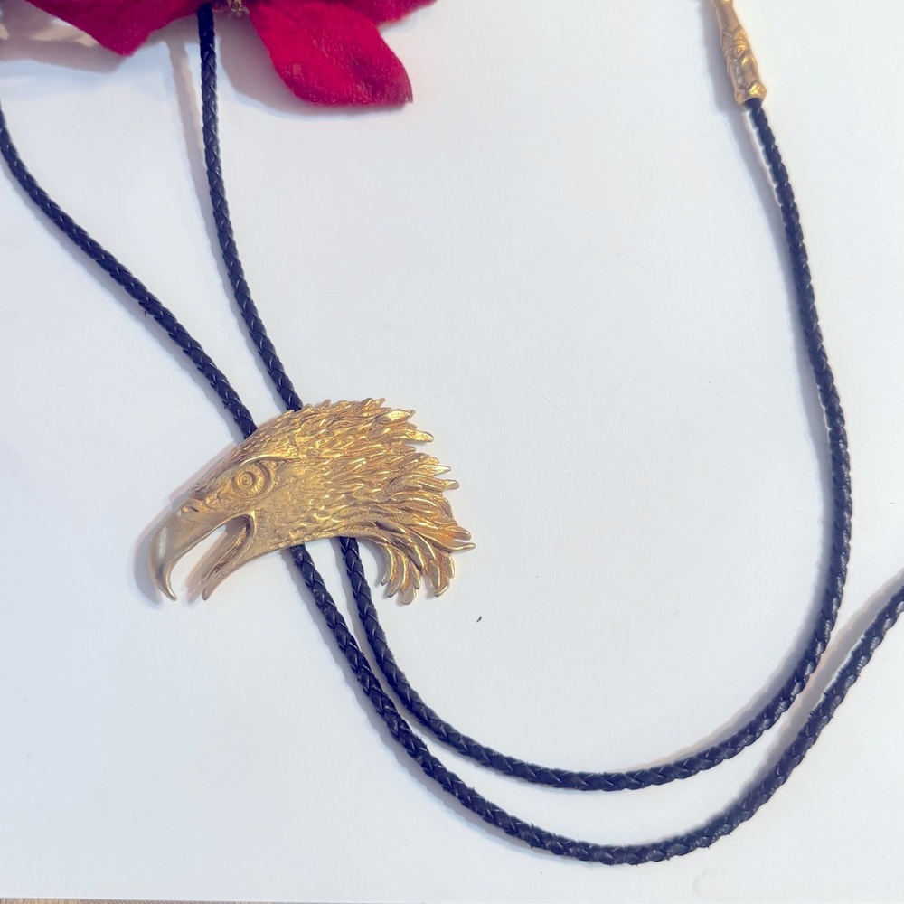 VINTAGE Gold Black Woven Leather Metal Bolo Tie